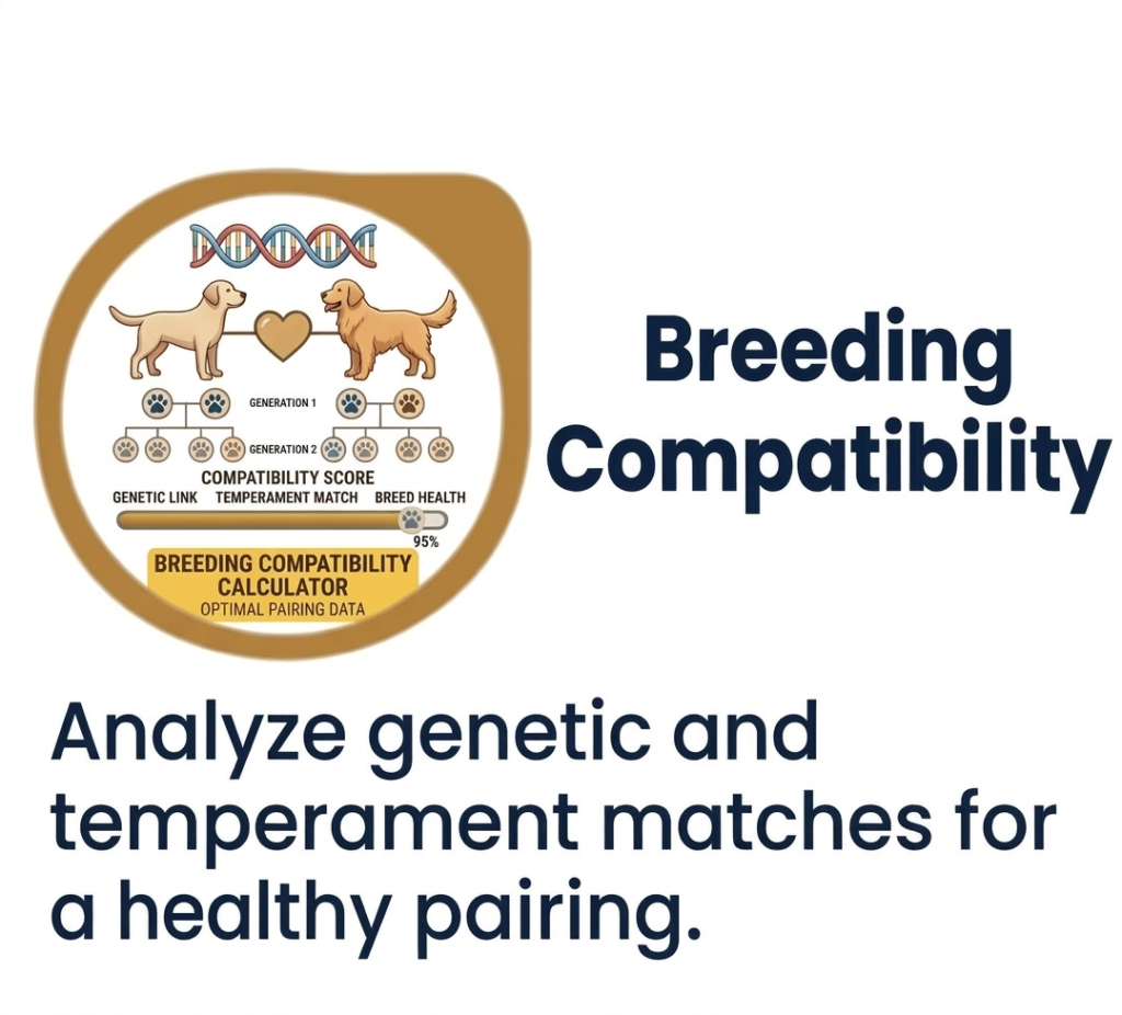 Dog breeding compatibility tool calculating genetic link, temperament match, and breed health for a healthy pairing