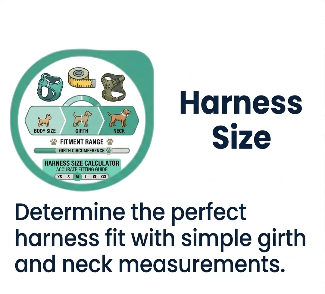 Dog harness size finder chart showing sizes XS to XXXL, optimal chest girth measurement, and pugs wearing tactical harnesses
