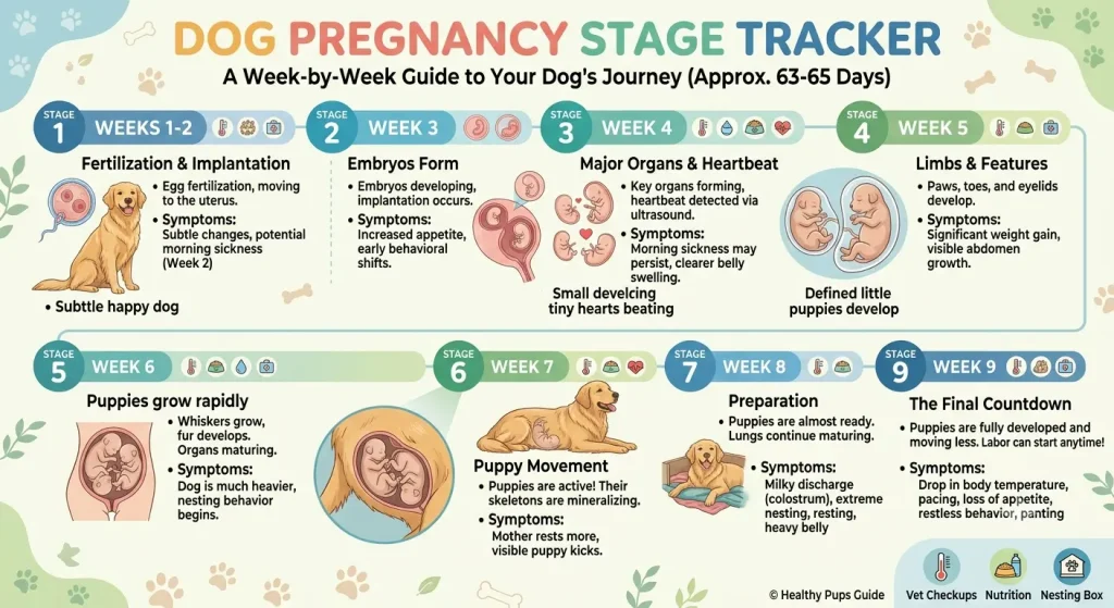 Infographic showing the dog pregnancy stage tracker from weeks 1 to 9, detailing fertilization, fetal development, and labor symptoms across 63 to 65 days.