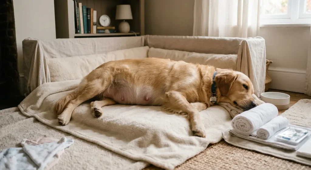 Dog pregnancy stage tracker visual showing a pregnant Golden Retriever resting on a soft blanket inside a cozy whelping setup with towels prepared nearby.