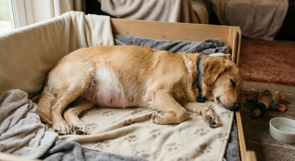 Dog pregnancy stage tracker photo showing a pregnant Golden Retriever resting peacefully in a whelping box during week 9 of pregnancy.