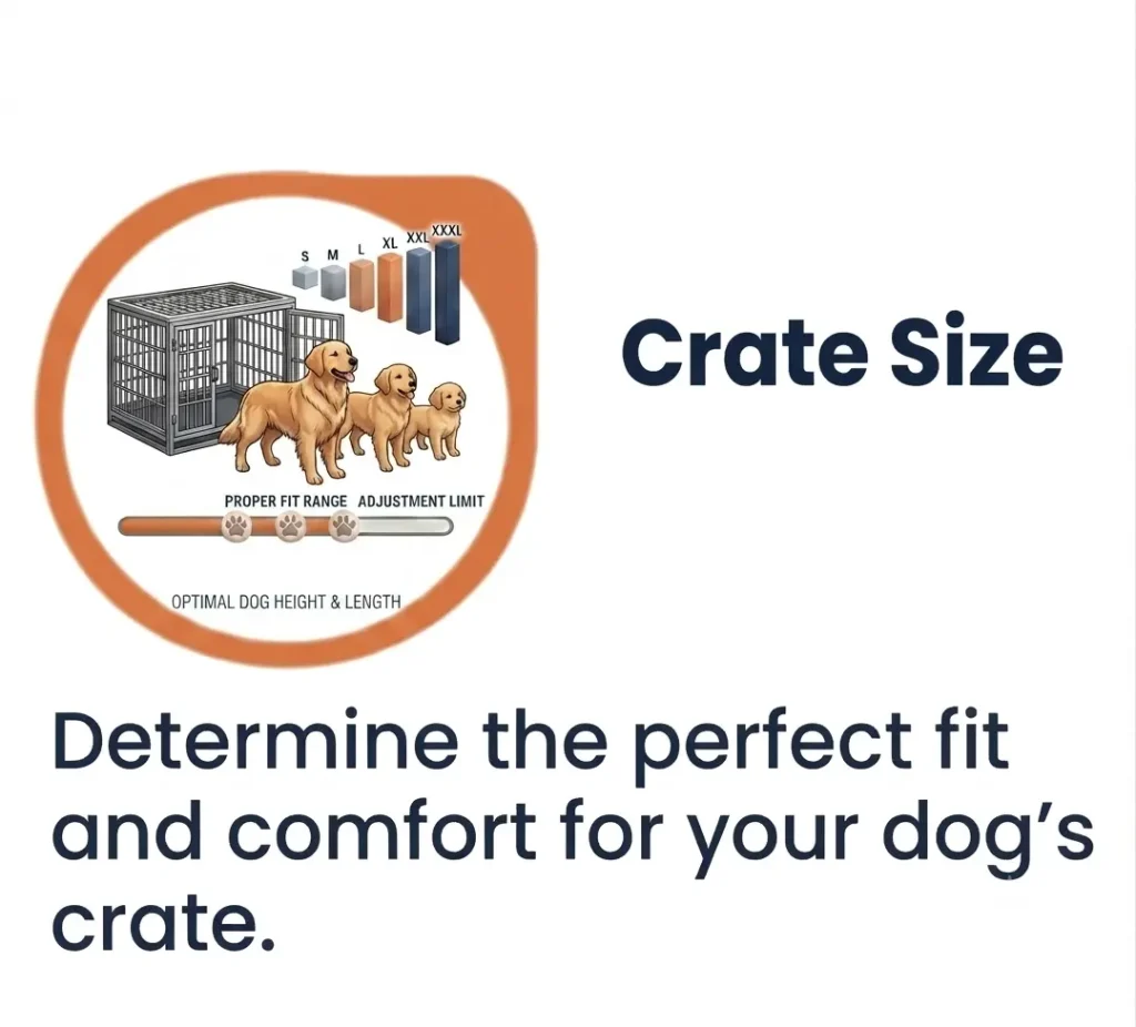 Dog crate size finder showing fit guidelines from small to XXXL with text reading find the ideal crate dimensions for your dog