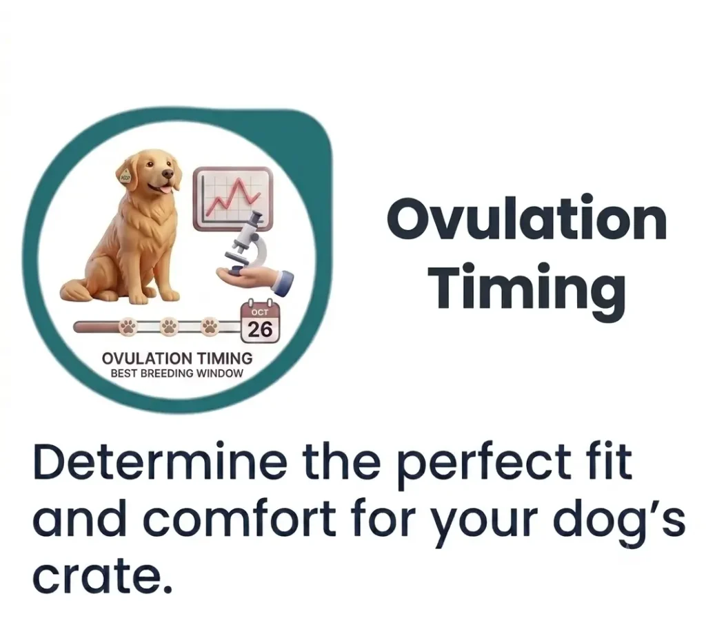 Dog ovulation timing tool showing lab testing elements and timeline to pinpoint the optimal breeding window for dogs